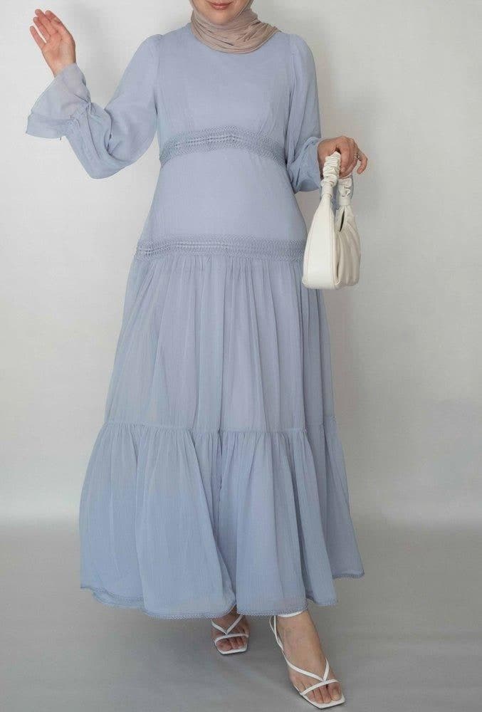 Gray Vivvie classic chiffon dress lined not sheer with maxi sleeve and lace detail