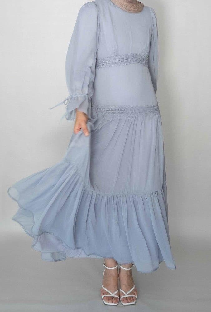 Gray Vivvie Classic Chiffon Dress Lined Not Sheer with Maxi Sleeve and Lace Detail in grey, view 6