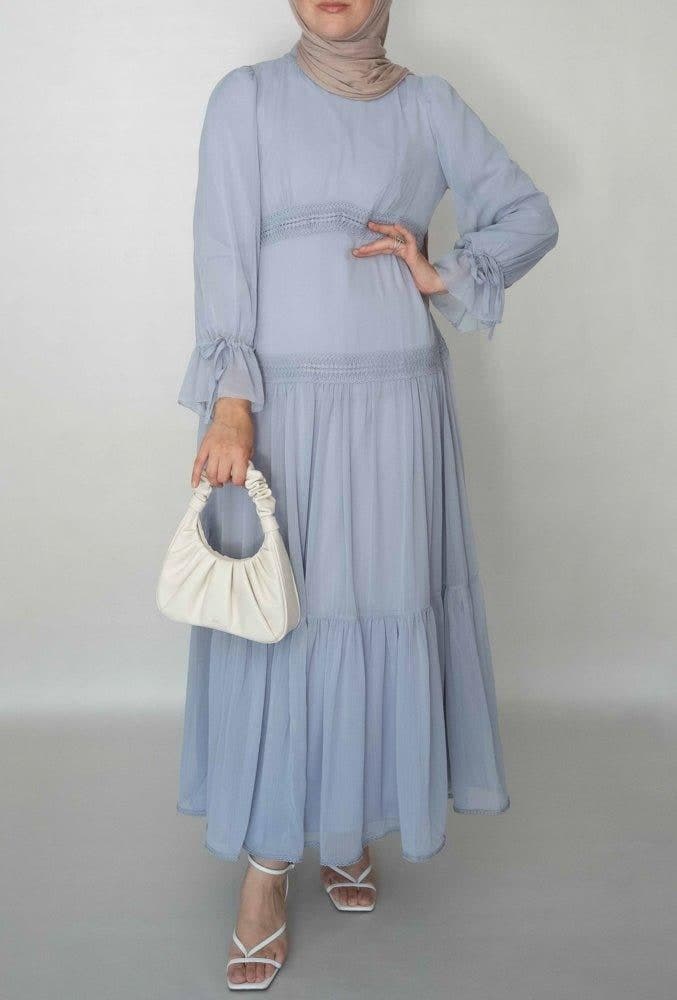 Gray Vivvie Classic Chiffon Dress Lined Not Sheer with Maxi Sleeve and Lace Detail in grey, view 4