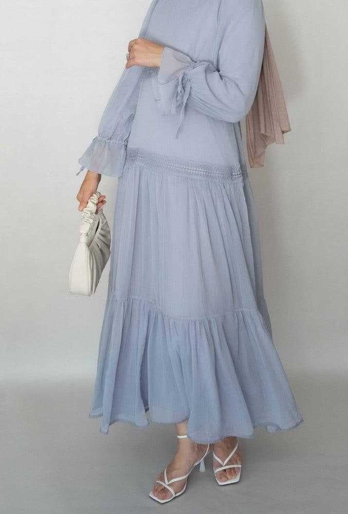 Gray Vivvie Classic Chiffon Dress Lined Not Sheer with Maxi Sleeve and Lace Detail in grey, view 3