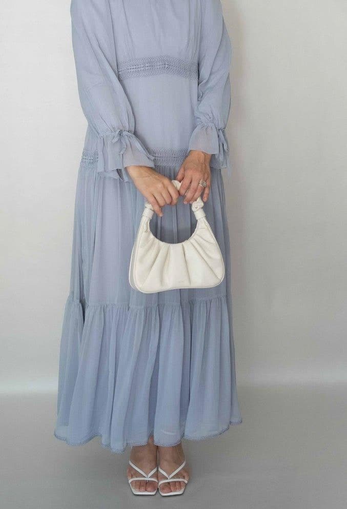 Gray Vivvie Classic Chiffon Dress Lined Not Sheer with Maxi Sleeve and Lace Detail in grey, view 7
