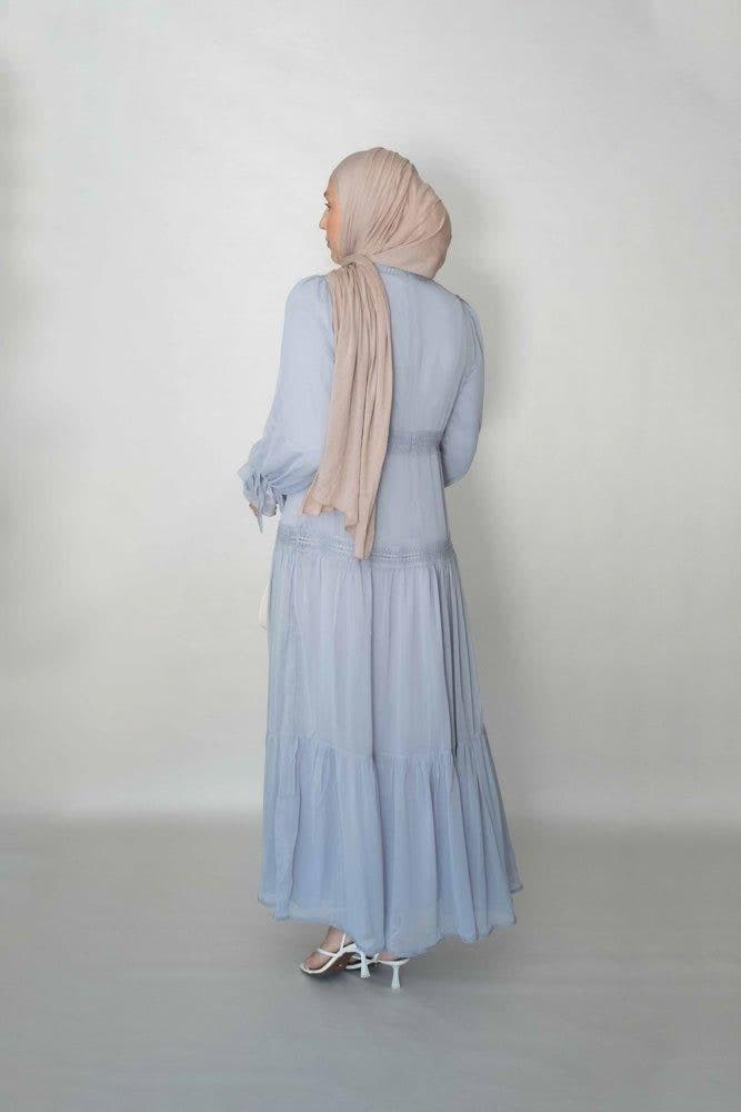 Gray Vivvie Classic Chiffon Dress Lined Not Sheer with Maxi Sleeve and Lace Detail in grey, view 5