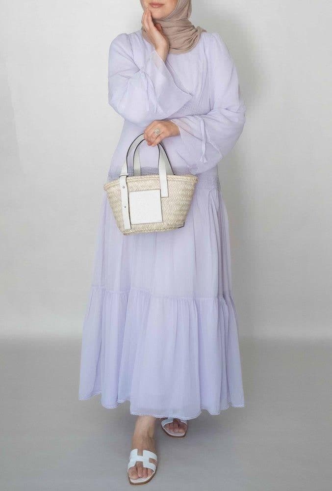 Lavender Vivvie Classic Chiffon Dress Lined Not Sheer with Maxi Sleeve and Lace Detail, view 3