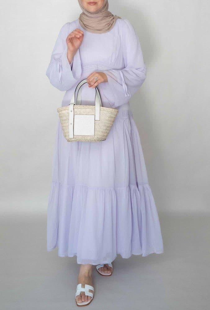 Lavender Vivvie Classic Chiffon Dress Lined Not Sheer with Maxi Sleeve and Lace Detail, view 7