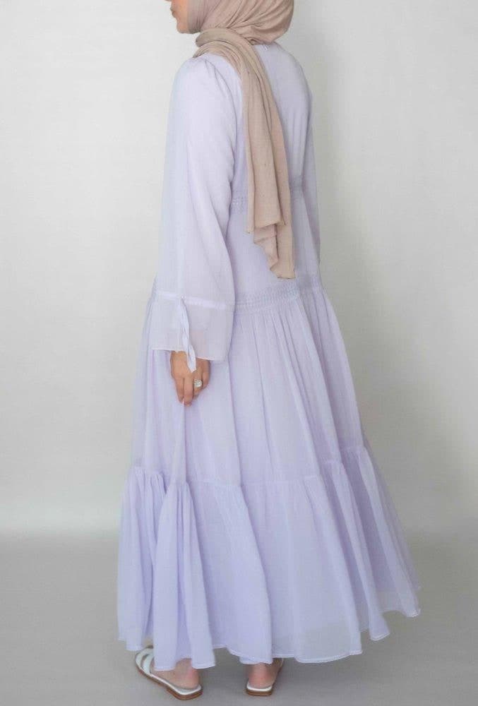 Lavender Vivvie Classic Chiffon Dress Lined Not Sheer with Maxi Sleeve and Lace Detail, view 6