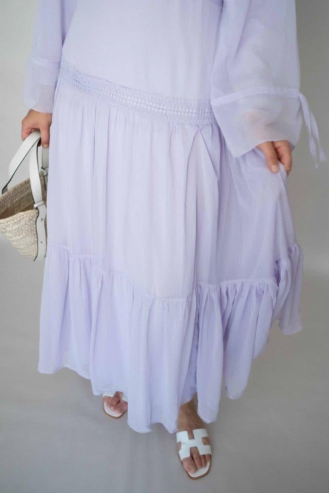 Lavender Vivvie Classic Chiffon Dress Lined Not Sheer with Maxi Sleeve and Lace Detail, view 5