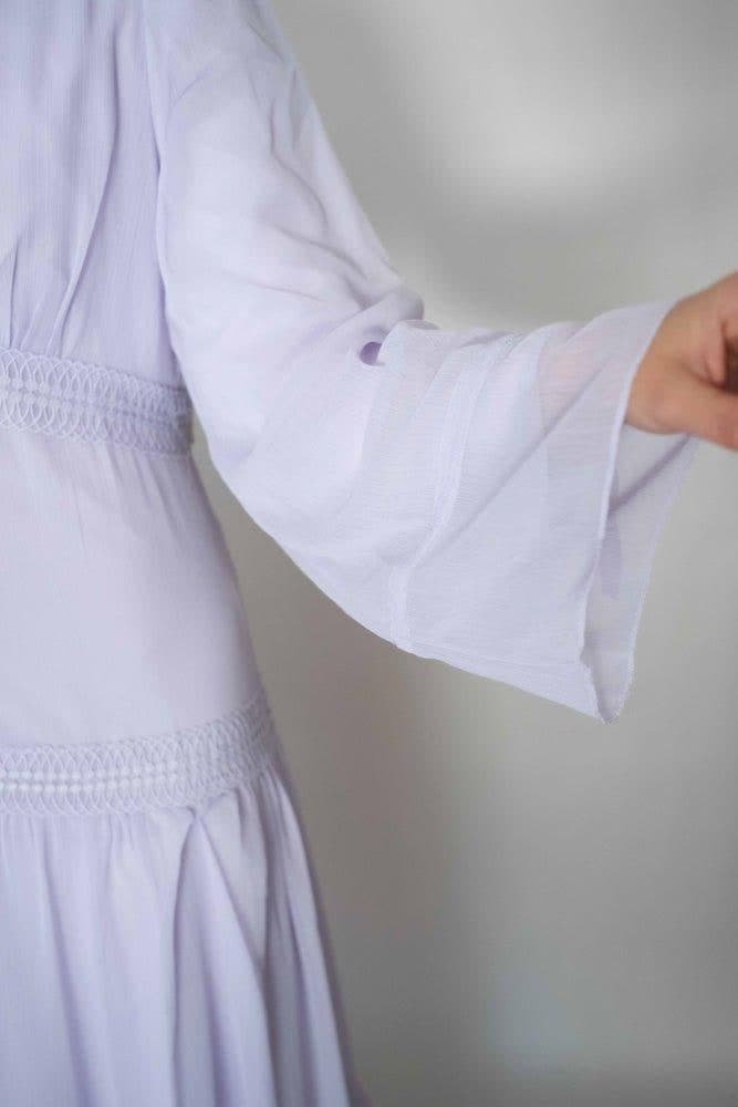 Lavender Vivvie Classic Chiffon Dress Lined Not Sheer with Maxi Sleeve and Lace Detail, view 4