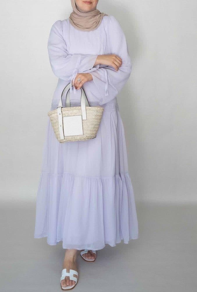 Lavender Vivvie Classic Chiffon Dress Lined Not Sheer with Maxi Sleeve and Lace Detail, view 8