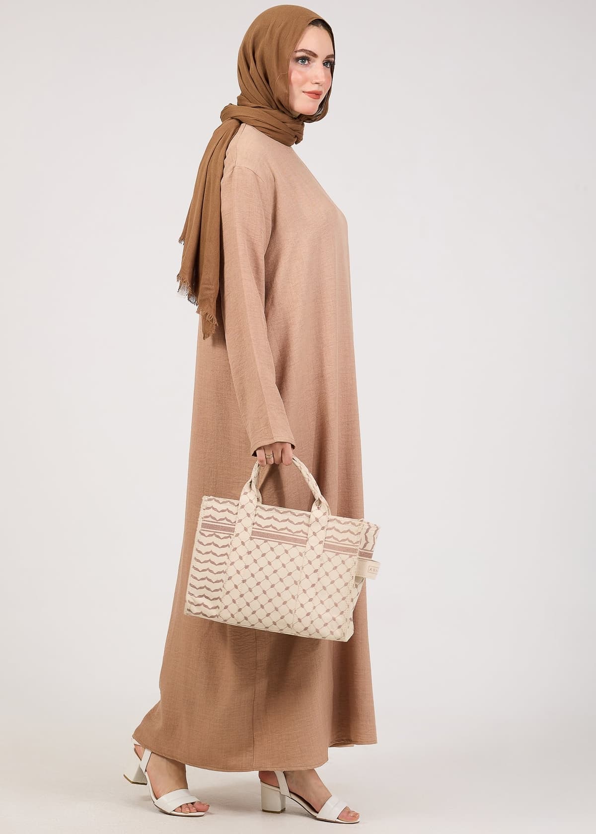 Khaki Kira Loose Slip Dress with Pockets in Maxi Length and with Long Sleeve, view 6