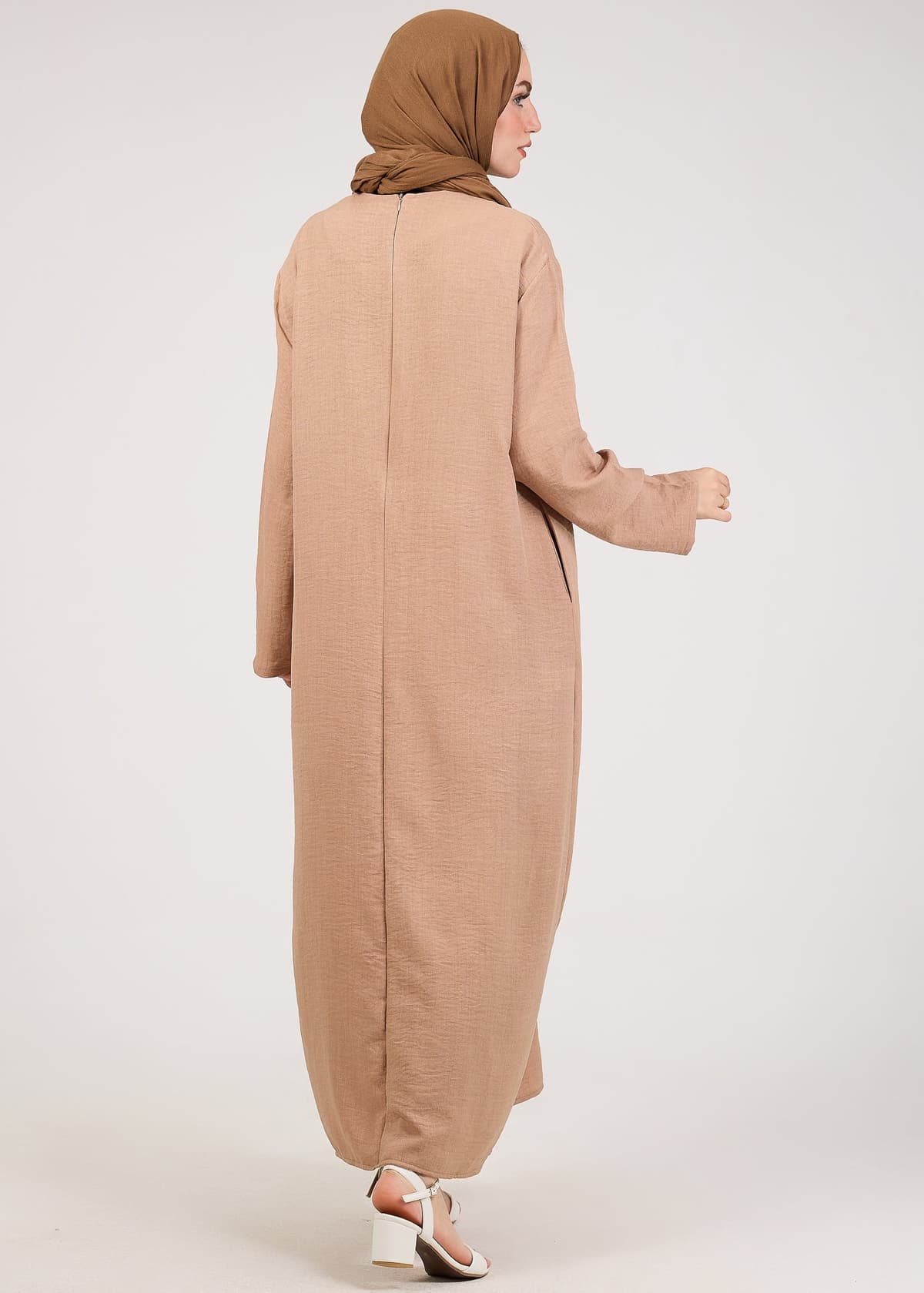 Khaki Kira Loose Slip Dress with Pockets in Maxi Length and with Long Sleeve, view 7