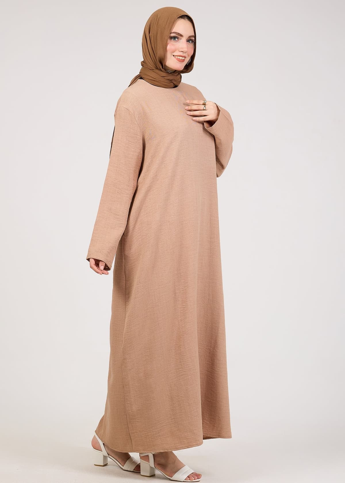 Khaki Kira Loose Slip Dress with Pockets in Maxi Length and with Long Sleeve, view 3