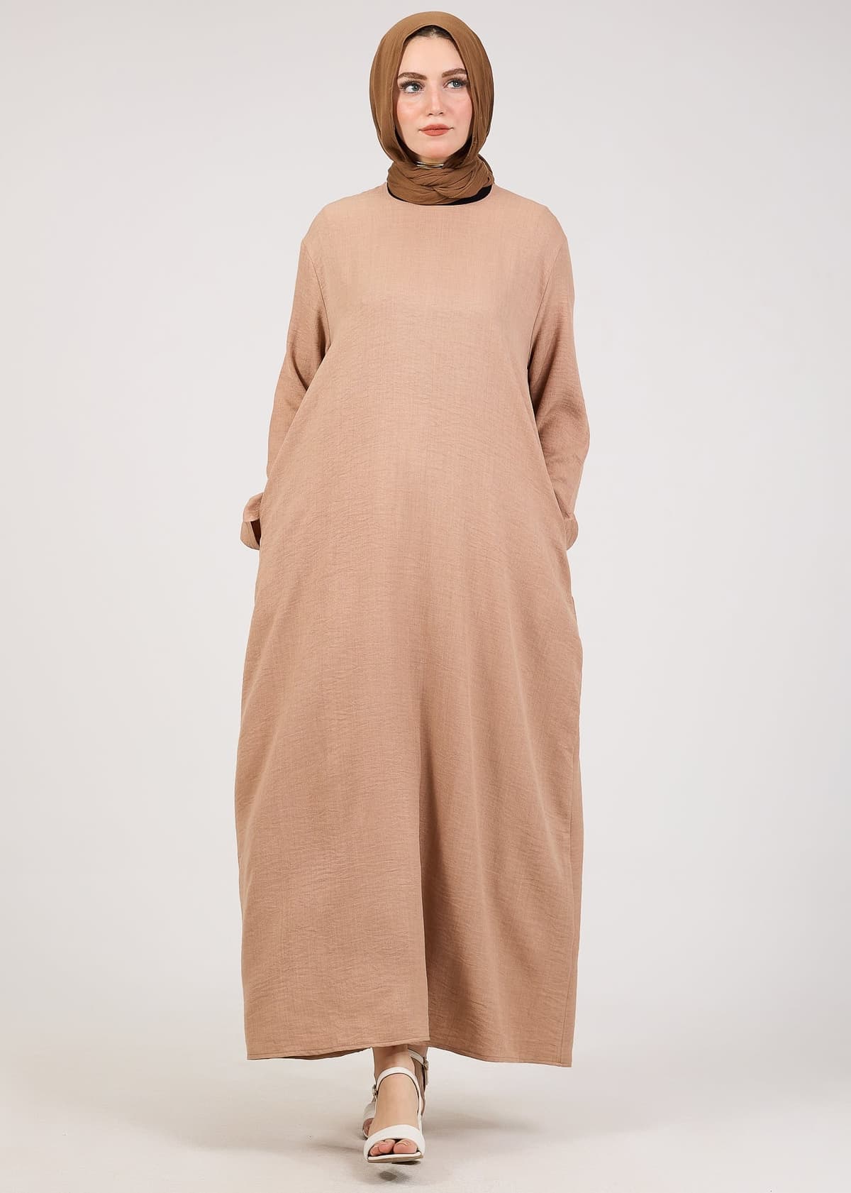 Khaki Kira Loose Slip Dress with Pockets in Maxi Length and with Long Sleeve, view 4
