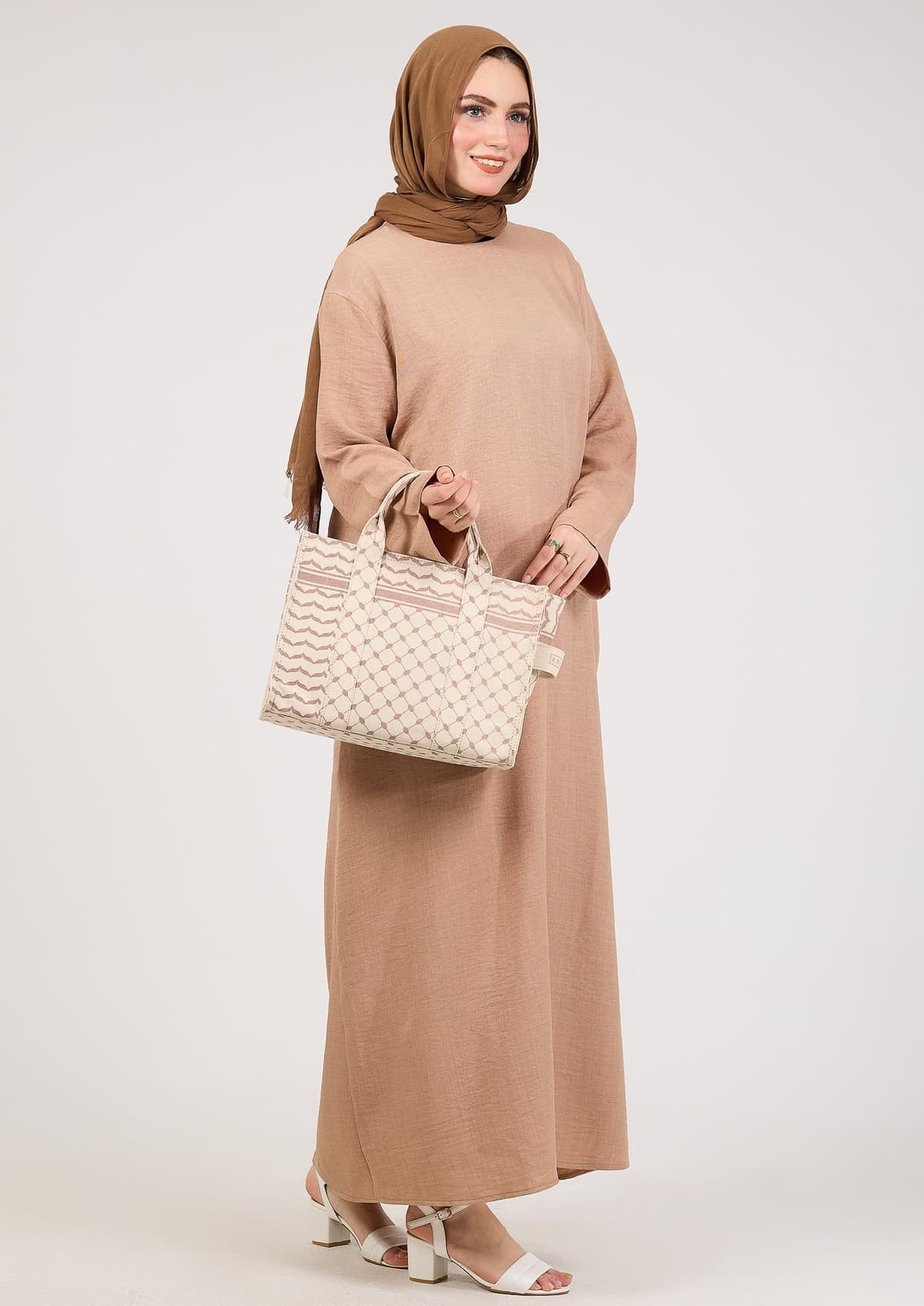 Khaki Kira Loose Slip Dress with Pockets in Maxi Length and with Long Sleeve, view 5