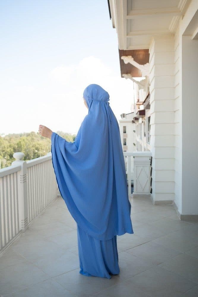 Blue Calinia Prayer Gown Two Piece Set Khimar for Omrah, view 4