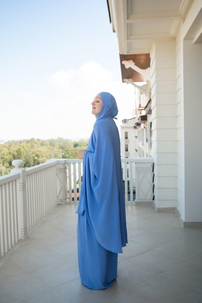 Blue Calinia Prayer Gown Two Piece Set Khimar for Omrah, view 3
