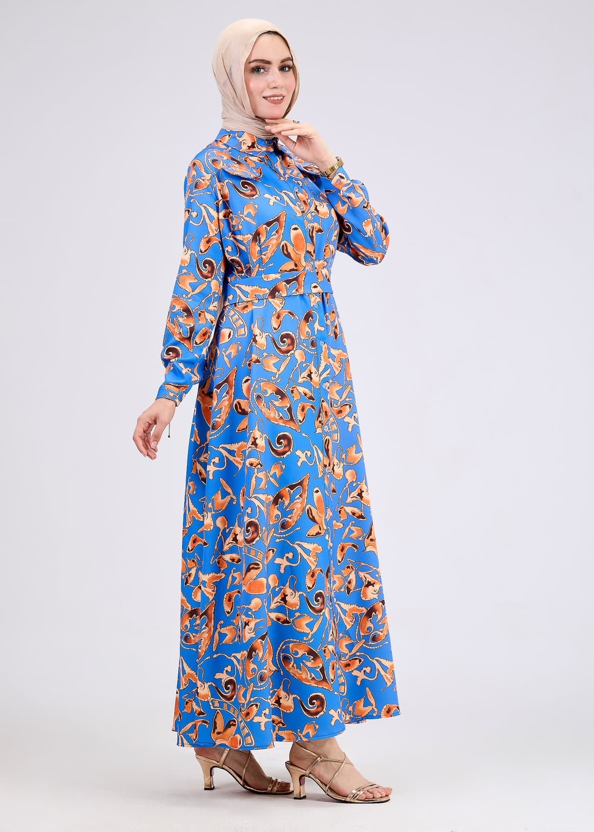 Side view of vibrant modest crepe maxi dress