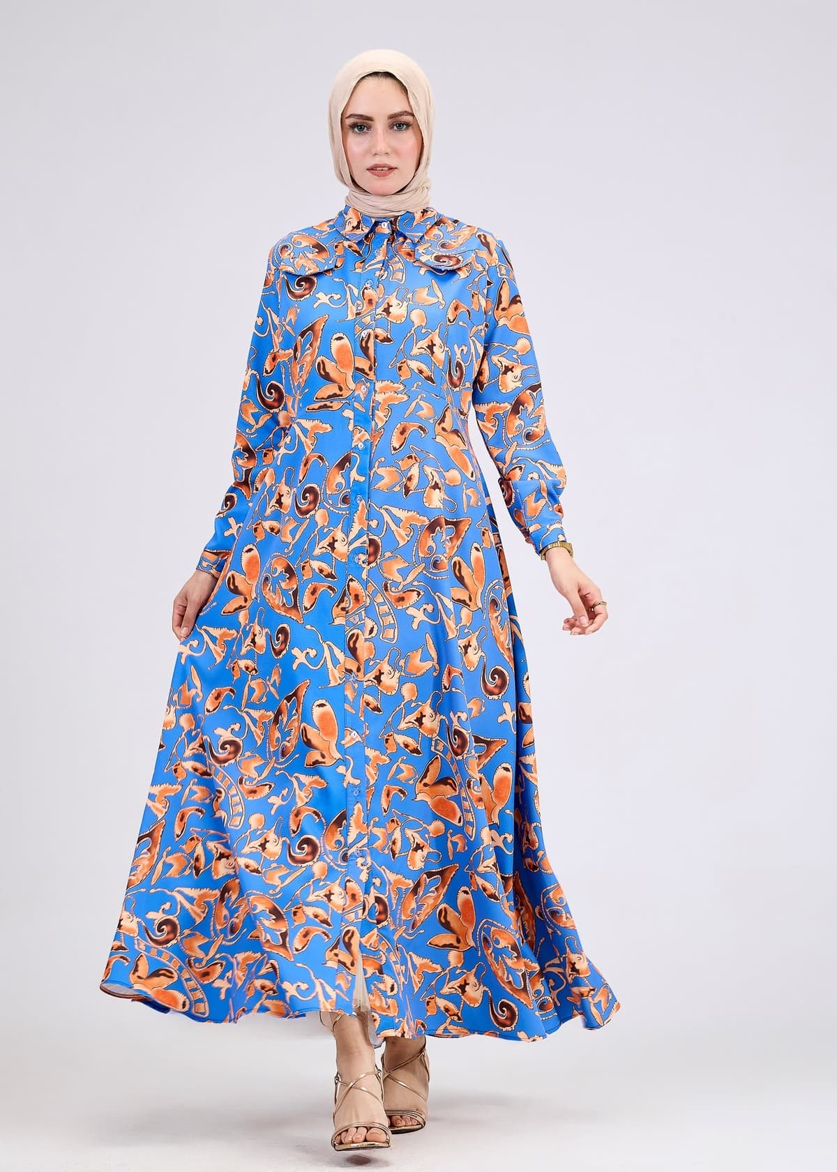 Model wearing vibrant modest crepe maxi dress