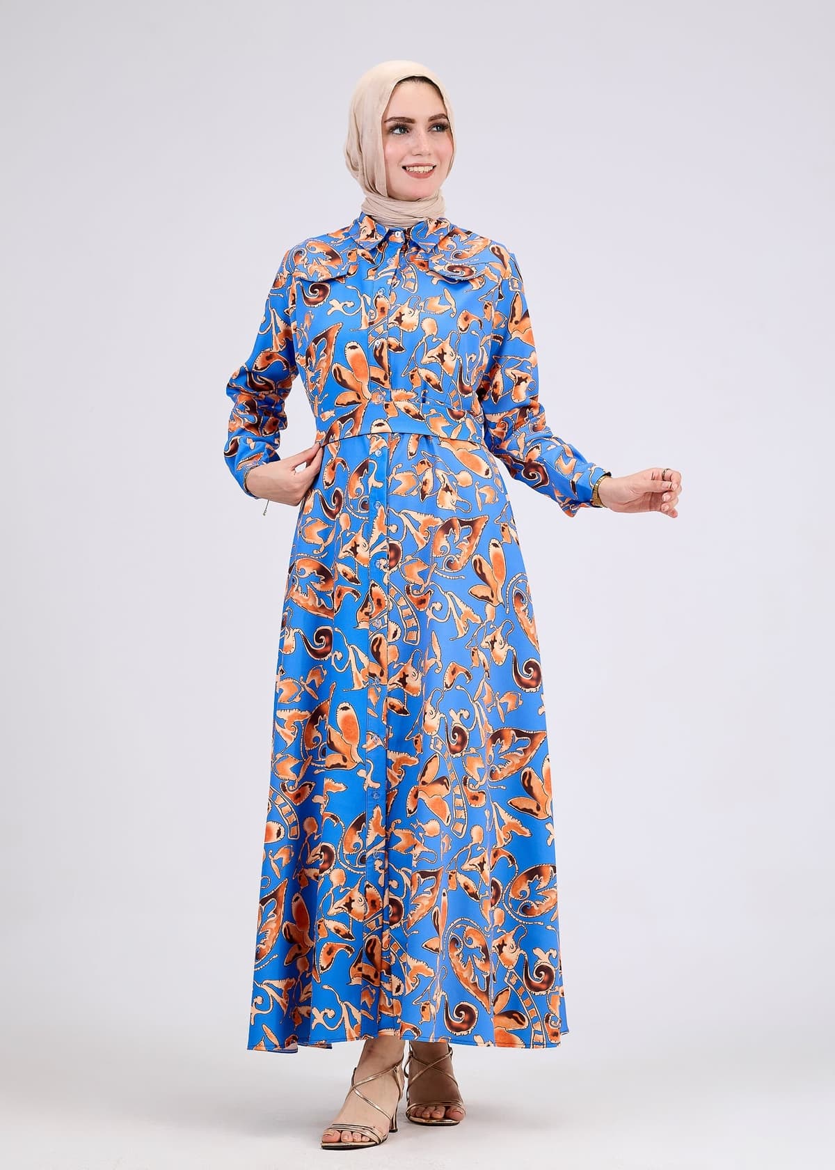Close-up of pattern on modest crepe dress