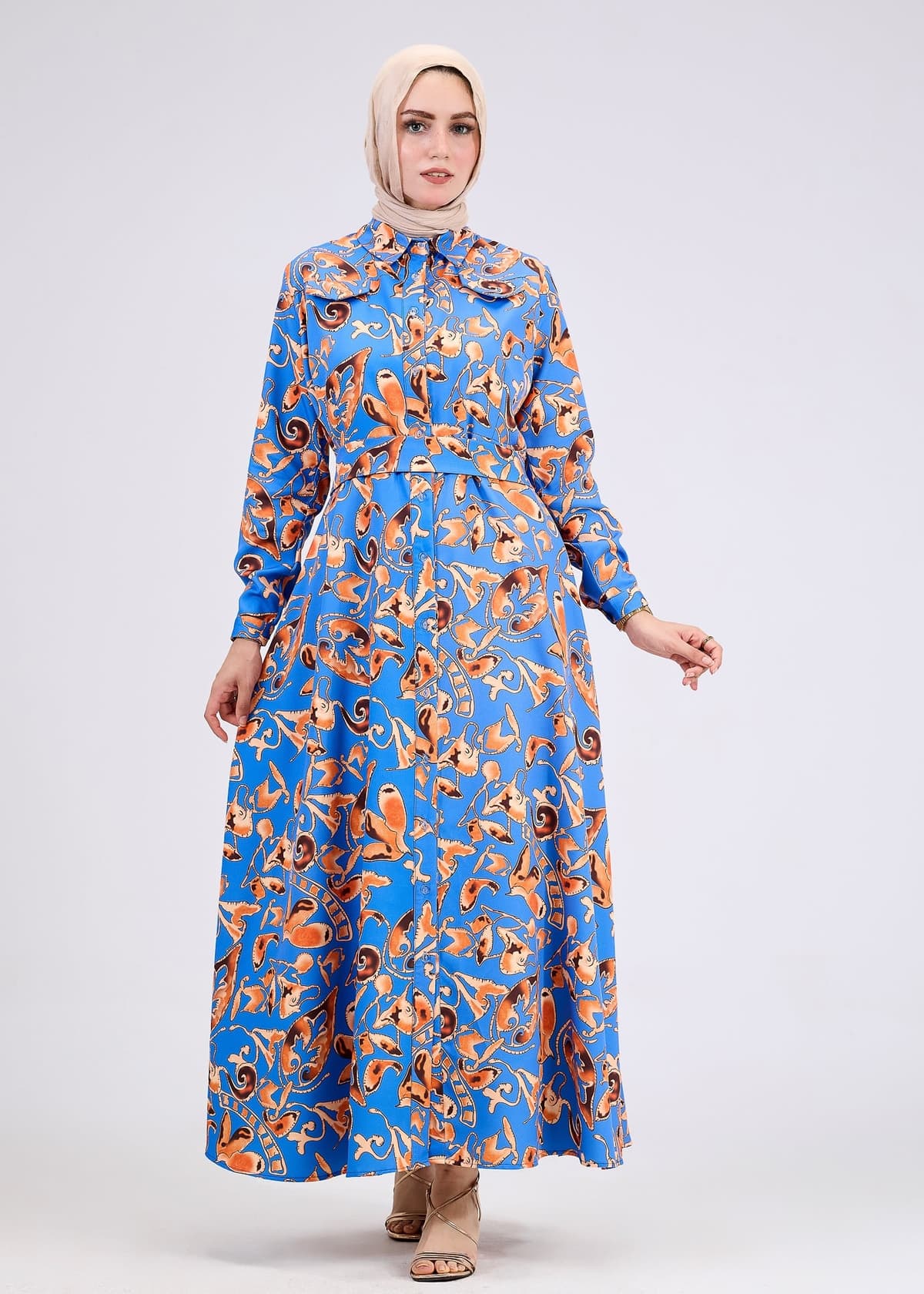 High collar detail on modest crepe dress