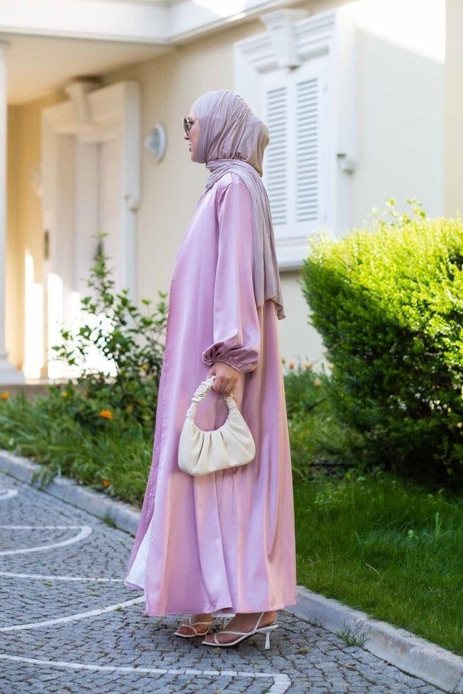 Pink Brontei Open Front Abaya Throw Over with Pockets and a Detachable Belt, view 3