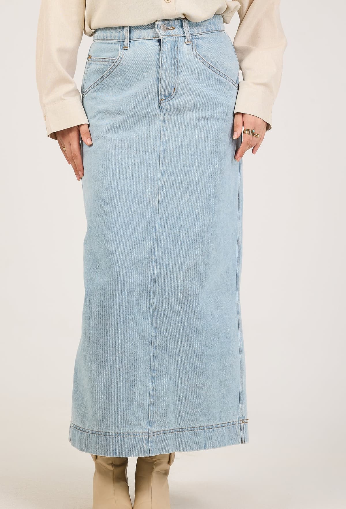 Denim Maxi Skirt - Light Wash in blue, view 3