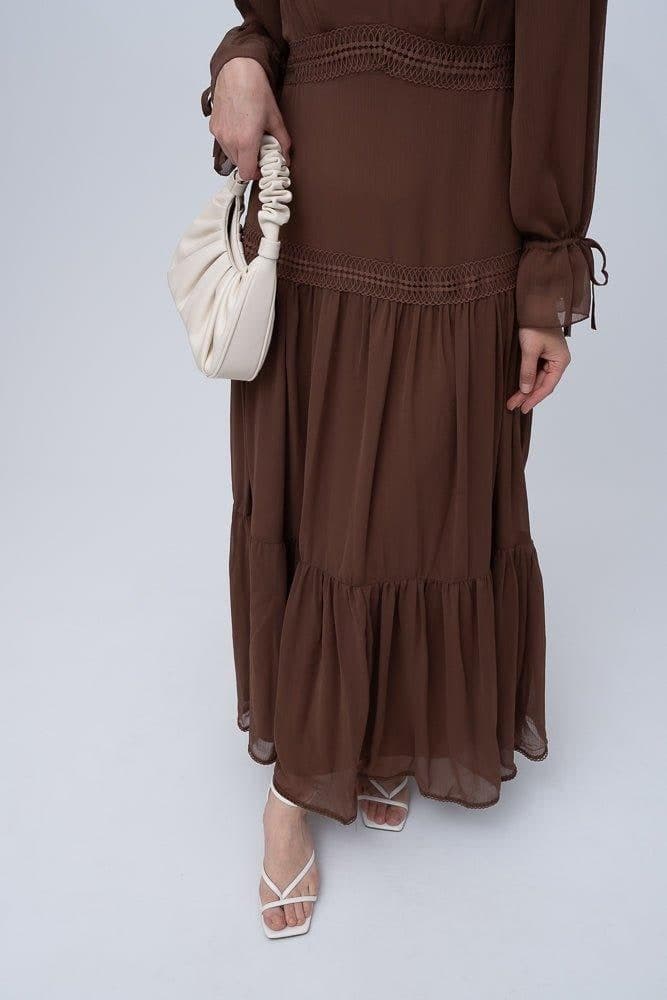 Vivvie Classic Chiffon Dress Lined Not Sheer with Maxi Sleeve and Lace Detail in brown, view 4