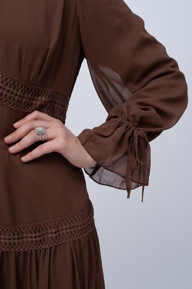 Vivvie Classic Chiffon Dress Lined Not Sheer with Maxi Sleeve and Lace Detail in brown, view 3