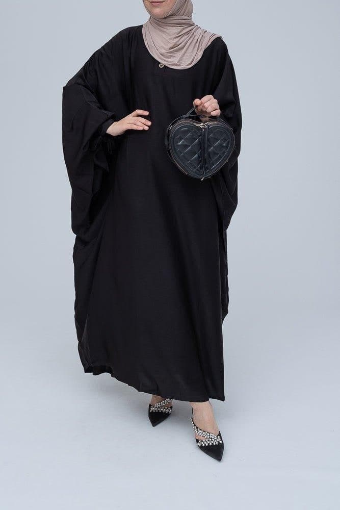 Ikella Black Batwing Abaya with Buttons and Bow Sleeve Details, view 5