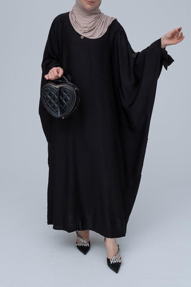 Ikella Black Batwing Abaya with Buttons and Bow Sleeve Details, view 6