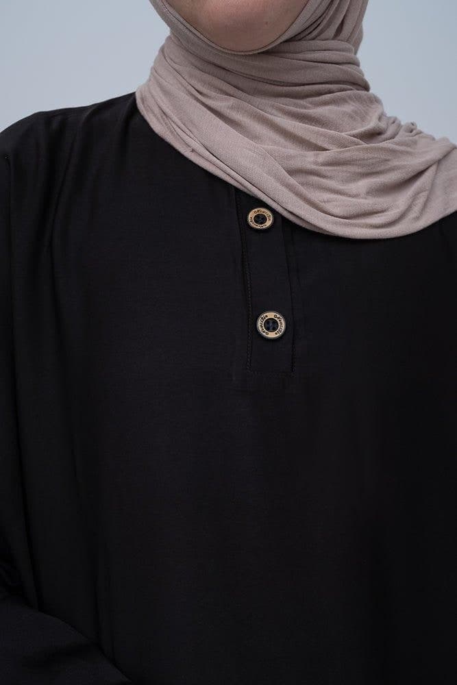 Ikella Black Batwing Abaya with Buttons and Bow Sleeve Details, view 4