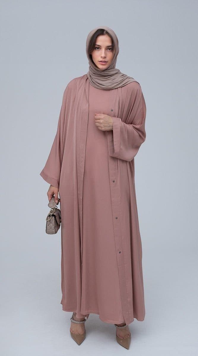 Lovenia Open Front Abaya and Belt in pink, view 4