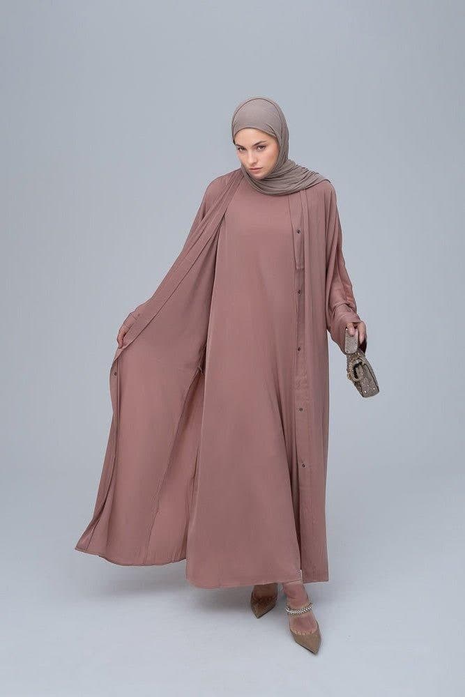 Lovenia Open Front Abaya and Belt in pink, view 5