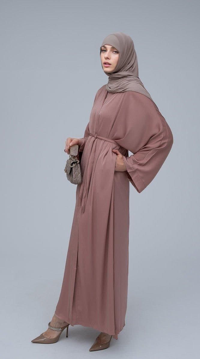 Lovenia Open Front Abaya and Belt in pink, view 3