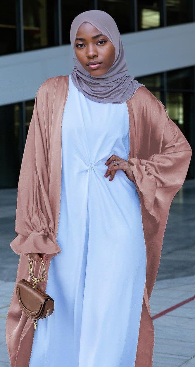 Pink Loves Open Front Maxi Satin Abaya Throw Over, view 5