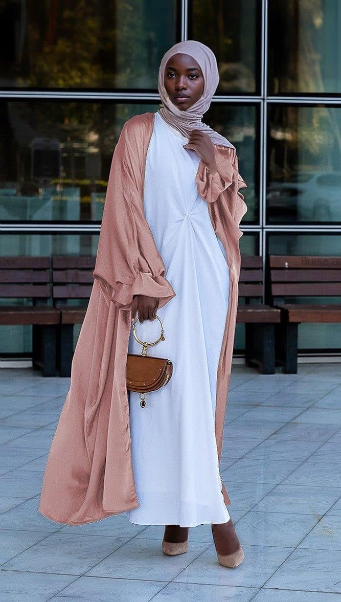 Pink Loves Open Front Maxi Satin Abaya Throw Over, view 4