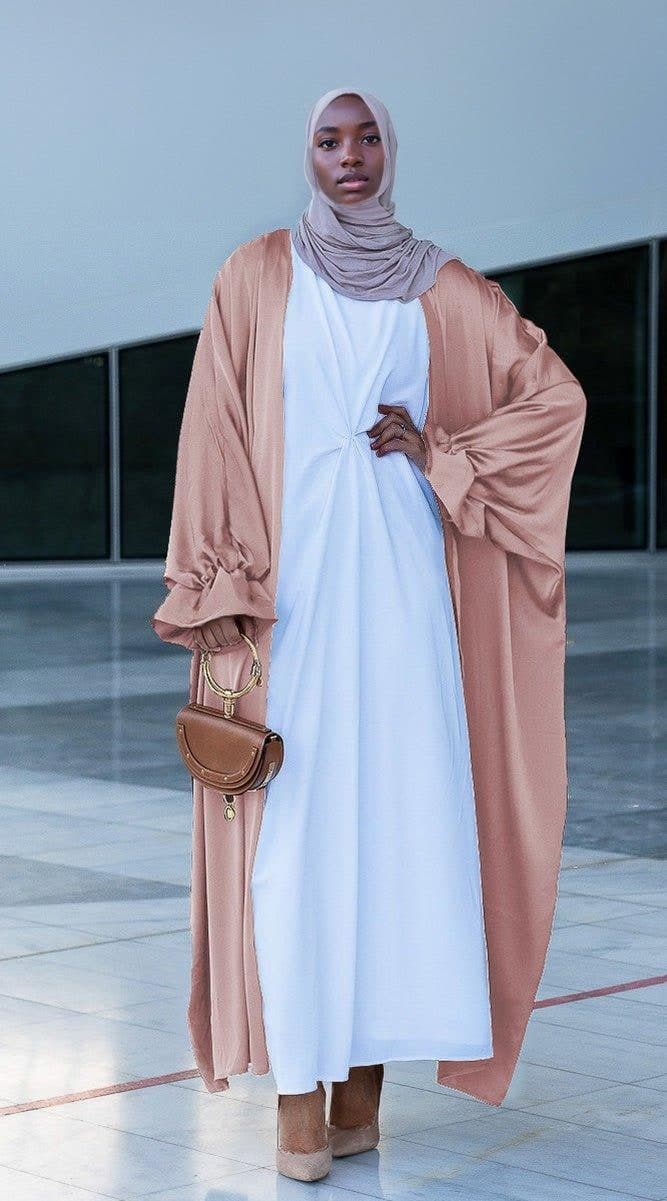 Pink Loves Open Front Maxi Satin Abaya Throw Over, view 3