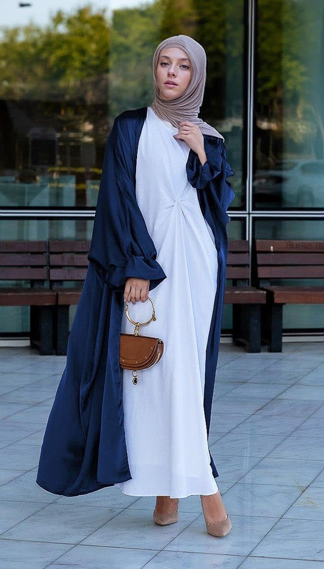 Navy Loves Open Front Maxi Satin Abaya Throw Over, view 3
