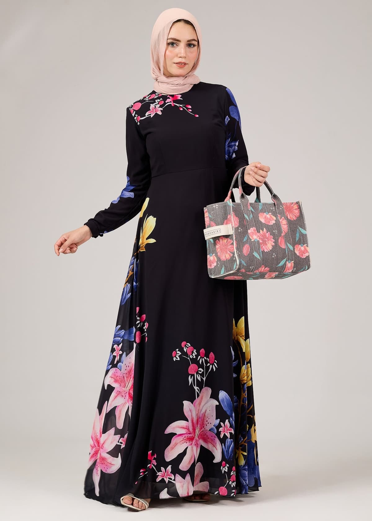 Floral Elegance Chiffon Maxi Dress Waistline Detail