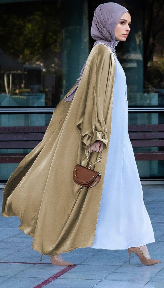 Khaki Loves Open Front Maxi Satin Abaya Throw Over, view 6