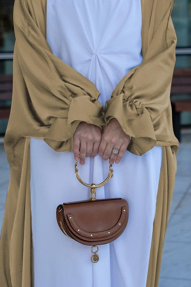 Khaki Loves Open Front Maxi Satin Abaya Throw Over, view 10