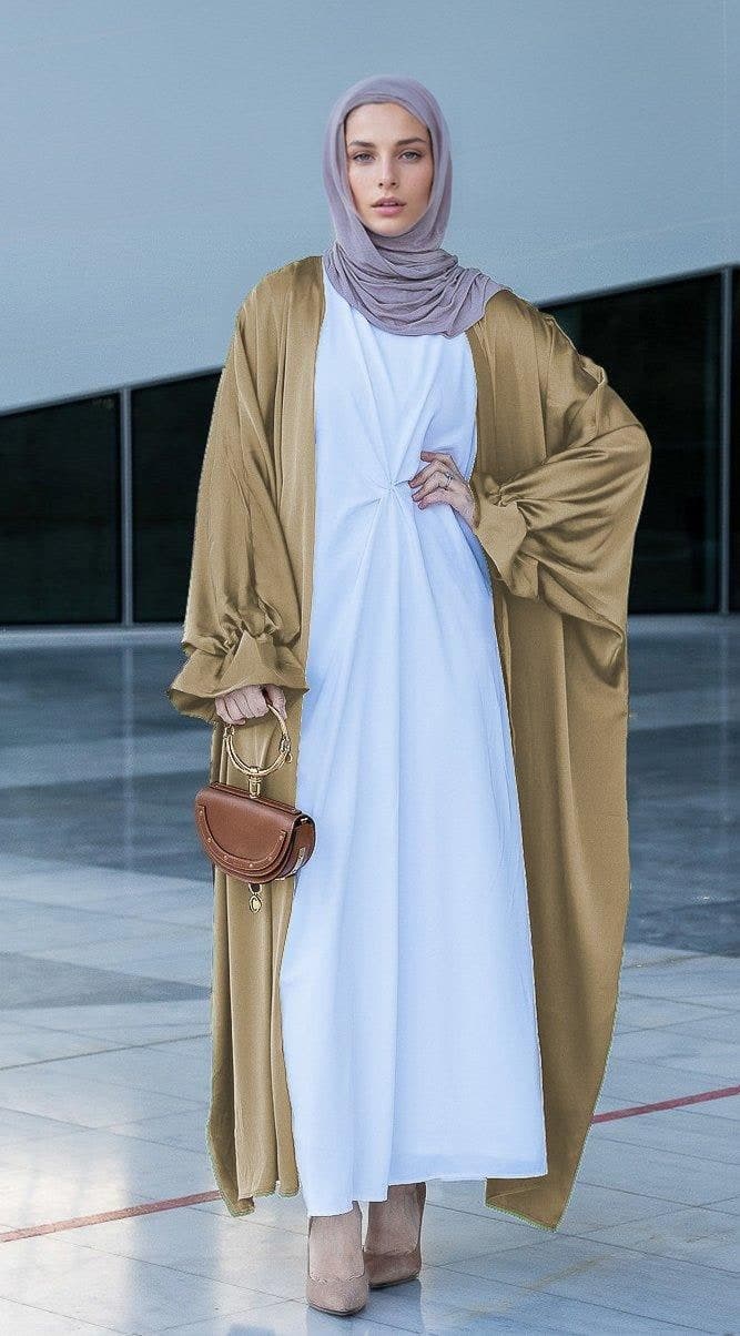 Khaki Loves Open Front Maxi Satin Abaya Throw Over, view 4