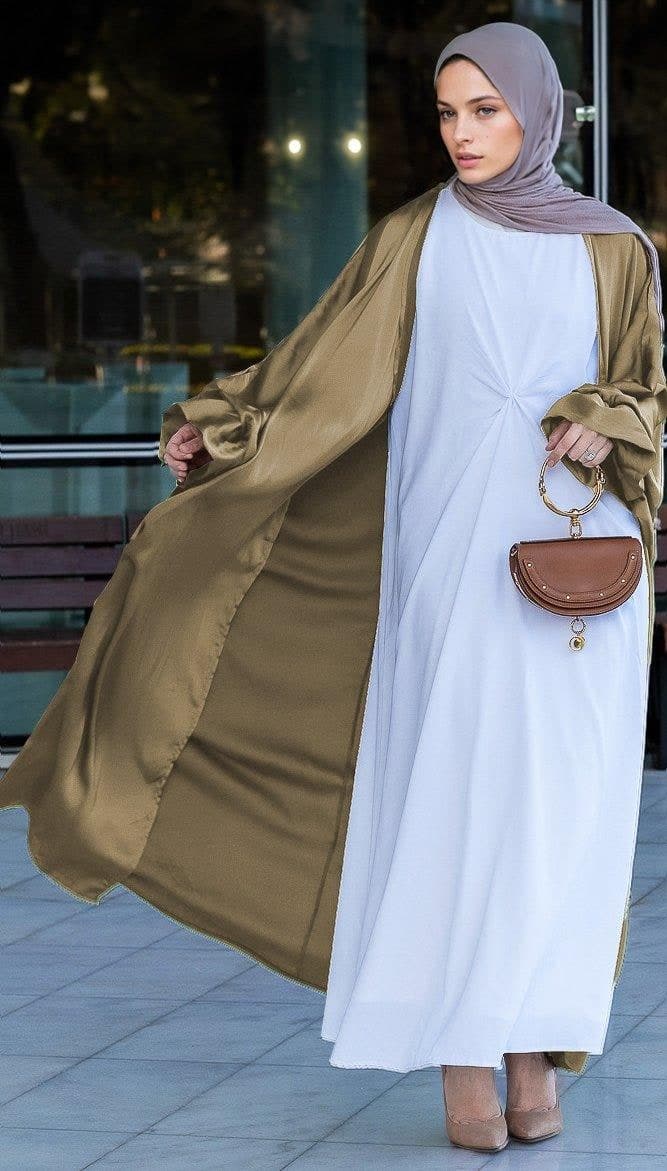 Khaki Loves Open Front Maxi Satin Abaya Throw Over, view 7