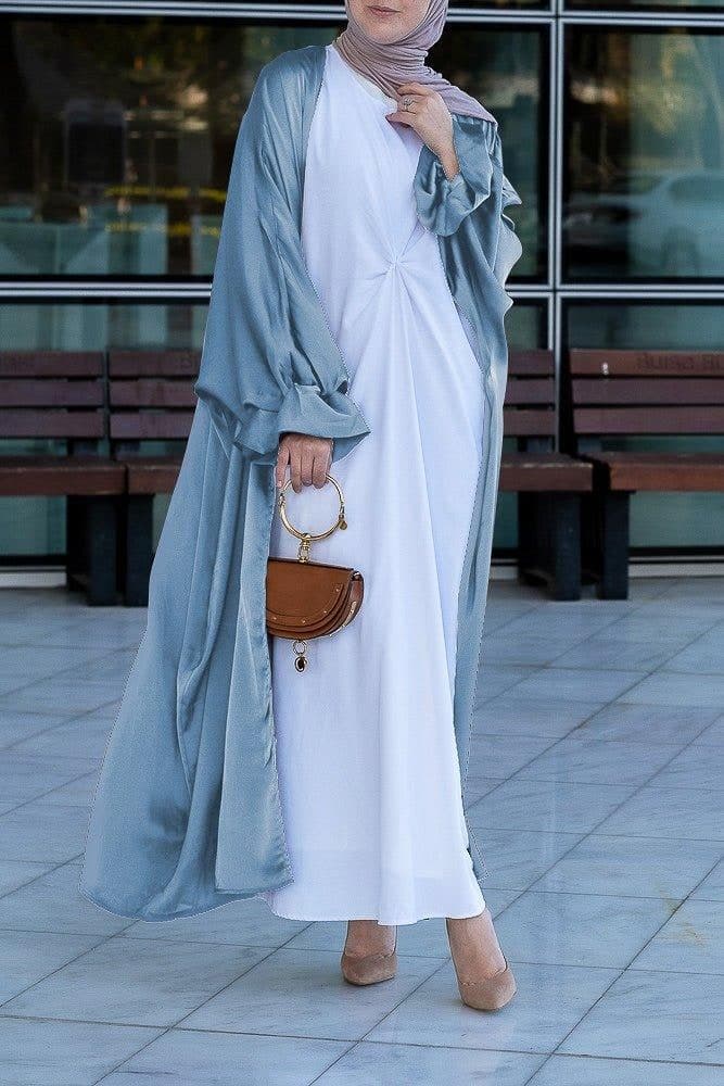 Gray Loves Open Front Maxi Satin Abaya Throw Over in grey, view 3