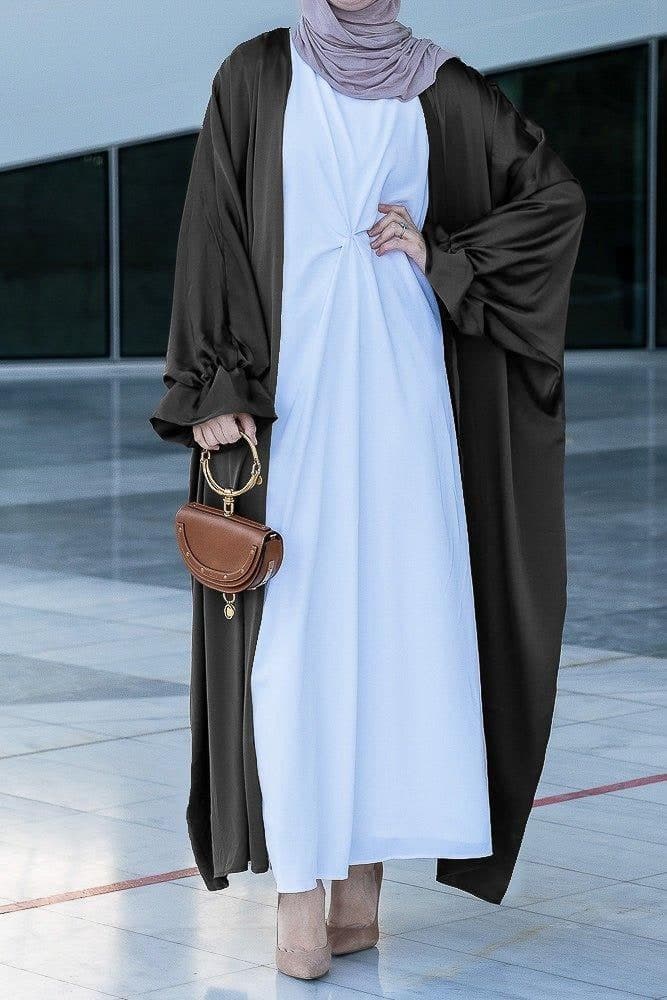 Black Loves open front maxi satin abaya throw over - ANNAH HARIRI