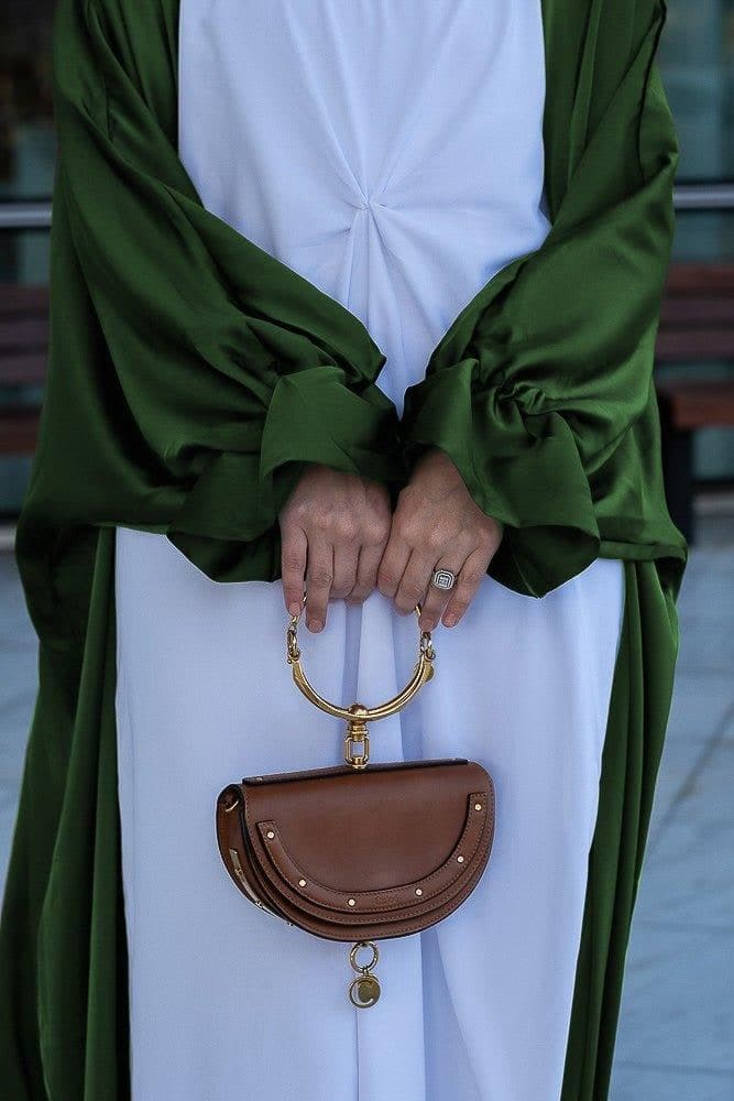 Army Green Loves Open Front Maxi Satin Abaya Throw Over, view 3