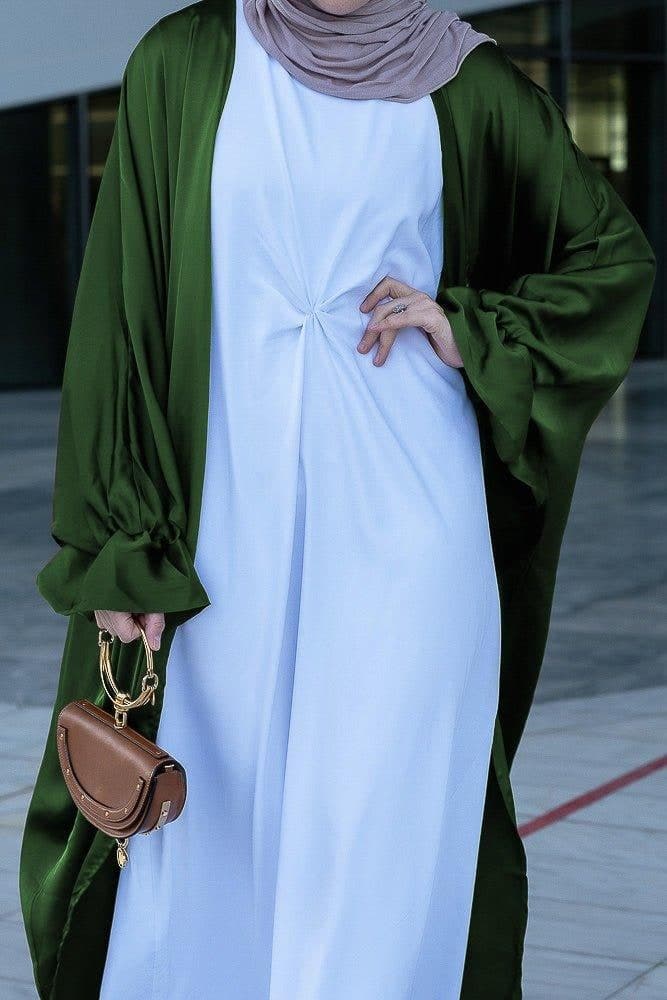 Army Green Loves Open Front Maxi Satin Abaya Throw Over, view 4
