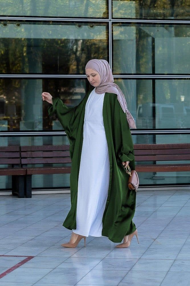 Army Green Loves Open Front Maxi Satin Abaya Throw Over, view 6