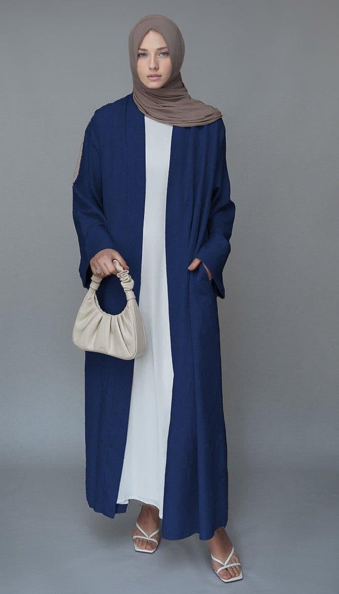 Navy Lounia Maxi Throw Over Abaya in Light Linen Fabric with a Detachable Belt, view 5