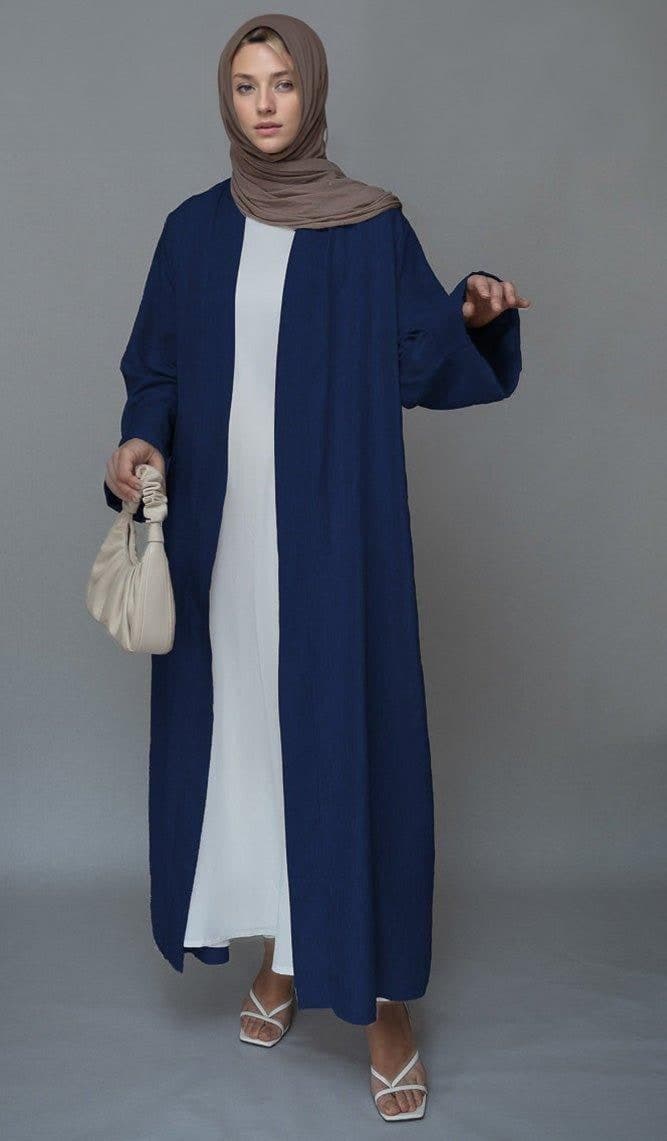 Navy Lounia Maxi Throw Over Abaya in Light Linen Fabric with a Detachable Belt, view 3