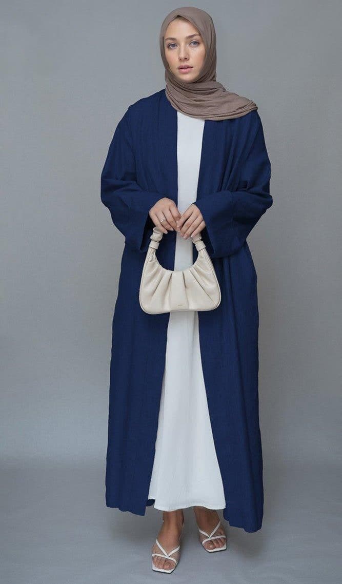 Navy Lounia Maxi Throw Over Abaya in Light Linen Fabric with a Detachable Belt, view 4